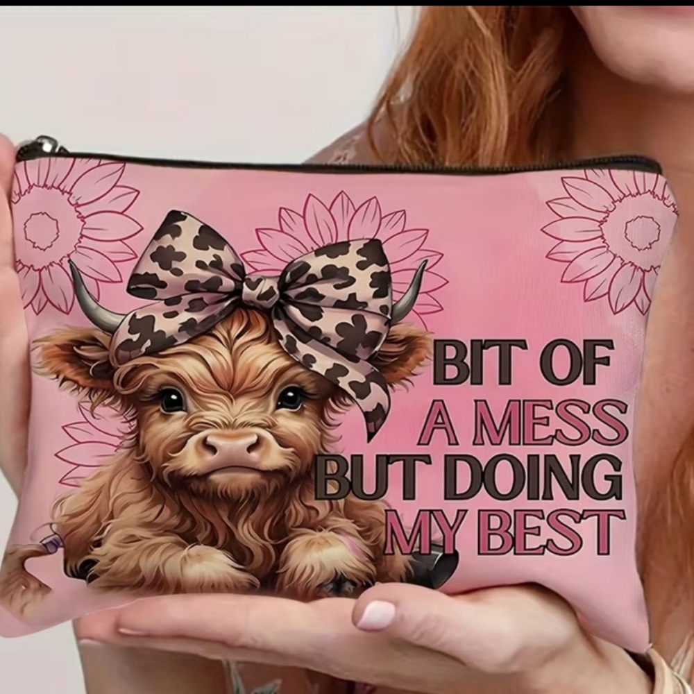 Pink Highland Cow Durable Fabric Travel Cosmetic Bag NWT